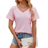 Camiseta de mujer – Corte holgado – Cuello en V – Estampado calado – Mangas cortas
