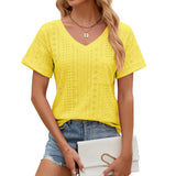 Camiseta de mujer – Corte holgado – Cuello en V – Estampado calado – Mangas cortas