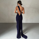 Vestido largo de mujer – Corte ajustado – Hombros descubiertos – Escote asimétrico – Fruncido