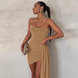 Vestido mini de mujer – Corte ajustado – Sin tirantes – Acabado satinado – Bajo asimétrico