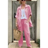 Conjunto de camisa y pantalón para mujer – Lino transpirable – Corte holgado – Cintura elástica