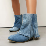 Botines de mujer – Corte relajado – Tacón plano – Tejido efecto denim desgastado – Fáciles de poner