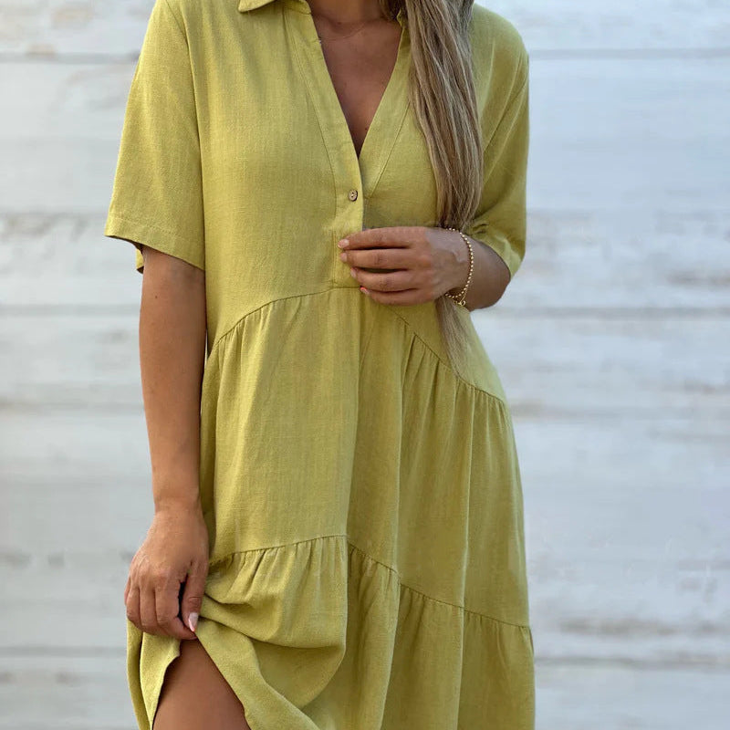 Vestido casual de mujer – Corte holgado – Mangas cortas – Cuello camisero – Fibras naturales