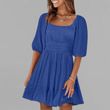 Vestido evasé para mujer – Algodón ligero – Mangas abullonadas – Escote cuadrado – Bajo con volantes