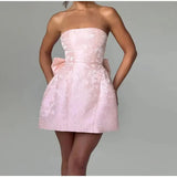 Vestido corto de mujer – Sin tirantes – Escote corazón – Jacquard – Lazo en la espalda