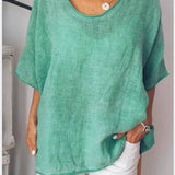 Camiseta de mujer – Corte relajado – Mezcla de algodón y lino – Cuello en V – Mangas cortas