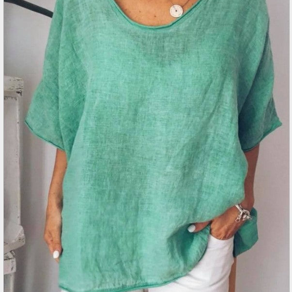 Camiseta de mujer – Corte relajado – Mezcla de algodón y lino – Cuello en V – Mangas cortas