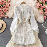 Vestido estilo pichi para mujer – Corte entallado – Tweed texturizado – Abotonado – Blusa con lazo