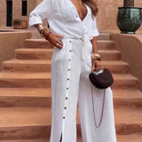 Traje pantalón de mujer – Lino y algodón – Pernera ancha – Cintura ajustable – Botones laterales