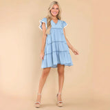 Vestido vaquero para mujer – Corte en A – Mini – Mangas cortas con volantes – Cuello en V