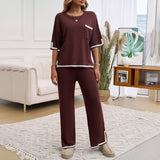 Conjunto de estar por casa para mujer – Punto suave – Corte holgado – Pantalones anchos – Ribetes en contraste