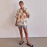 Conjunto de ropa de estar por casa para mujer – Tejido de satén suave – Corte holgado – Camisa de manga corta y pantalones cortos con cordón