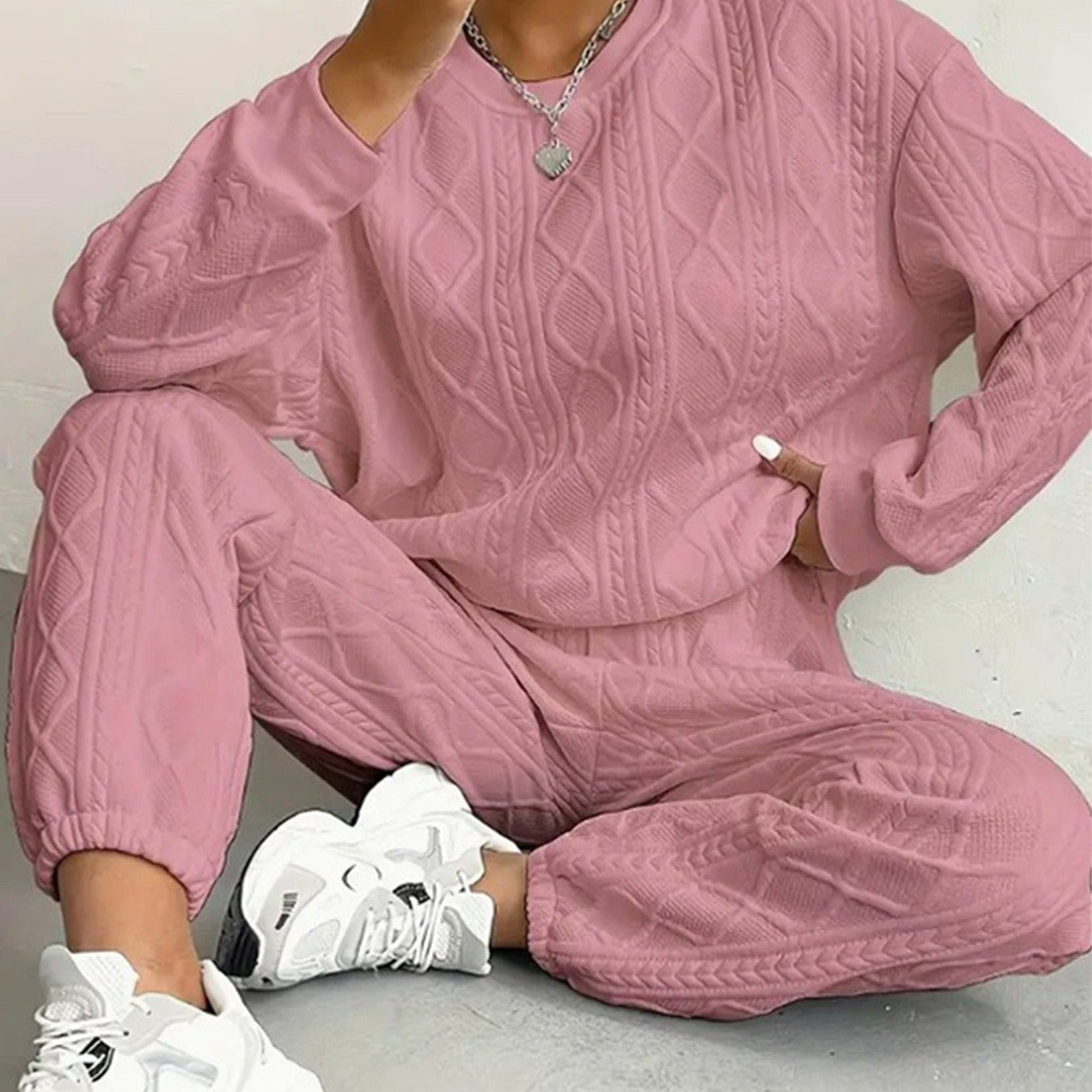 Conjunto de ropa de estar por casa para mujer – Punto trenzado – Corte holgado – Mangas largas y dobladillo ajustado