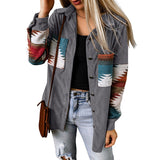 Chaqueta tipo cárdigan para mujer – Corte holgado – Estampado azteca – Abotonada – Pana