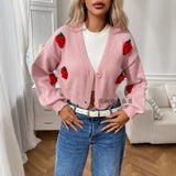 Cárdigan de mujer – Lana de punto – Corte corto – Cuello en V – Botones – Bordado floral