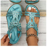 Sandalias planas de mujer – Punta abierta – Flores de pedrería – Tiras elásticas caladas