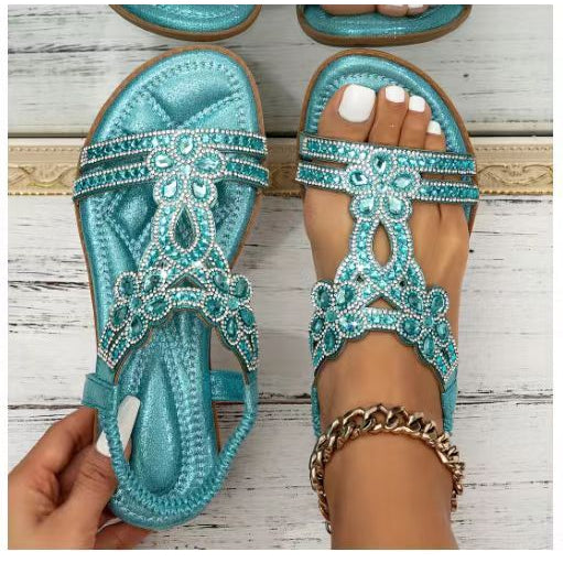 Sandalias planas de mujer – Punta abierta – Flores de pedrería – Tiras elásticas caladas