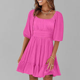 Vestido evasé para mujer – Algodón ligero – Mangas abullonadas – Escote cuadrado – Bajo con volantes