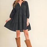 Vestido casual de mujer – 100% algodón – Corte acampanado – Mangas 3/4 – Cuello en pico