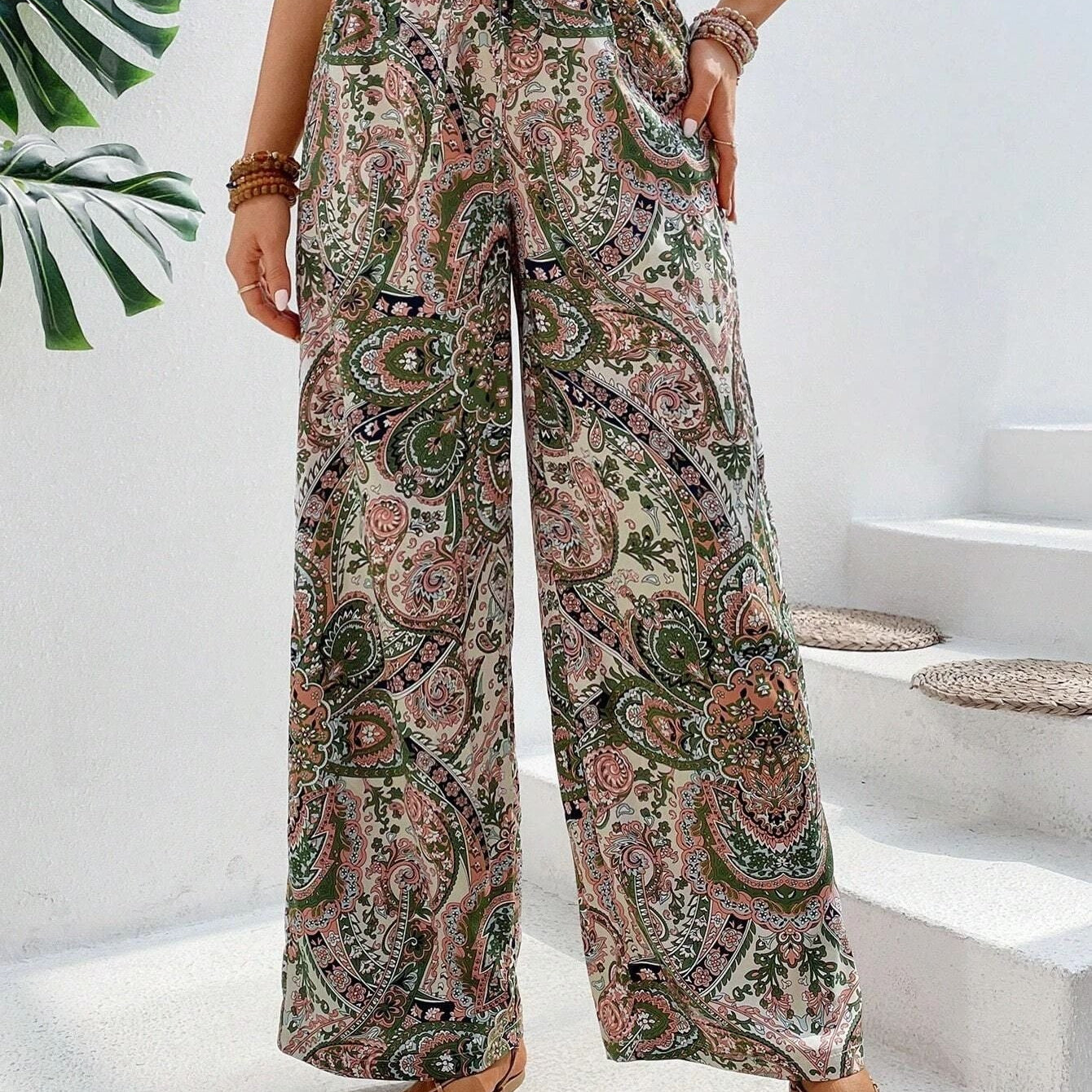 Pantalones anchos para mujer – Cintura elástica – Tejido transpirable – Corte holgado – Estampado bohemio