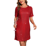 Vestido mini de mujer – Corte recto fluido – Lentejuelas brillantes – Mangas cortas para la noche