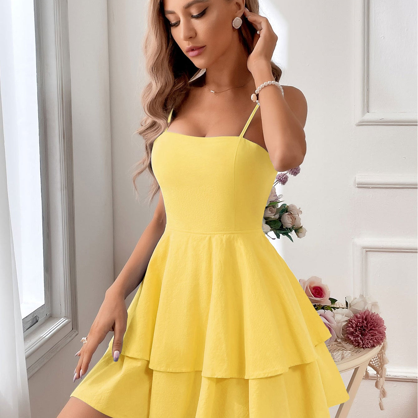 Vestido de mujer – Espalda abierta – Tirantes finos – Corte evasé – Tejido ligero y transpirable