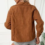 Chaqueta camisera para mujer – Punto acanalado – Corte holgado – Cuello con muesca – Cierre con botones a presión