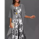 Conjunto de vestido de gasa para mujer: corte fluido, estampado floral y capas asimétricas.