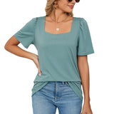 Camiseta de mujer – Elegante escote cuadrado – Mangas abullonadas – Tejido de punto suave, corte holgado