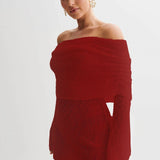 Vestido de playa para mujer – Punto ligero – Corte entallado – Hombros descubiertos – Mangas largas