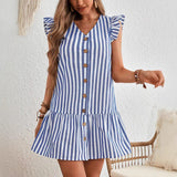 Minivestido de mujer – Cuello en V – Mangas con volantes – Abotonado – Falda con volantes – Rayas