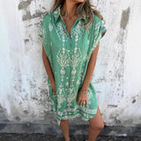 Vestido camisero de mujer – Fibras naturales – Corte holgado – Estampado bohemio – Mini