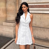 Vestido de mujer – Cuello halter – Cuello en V – Lino ligero – Corte evasé – Mini