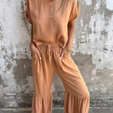 Conjunto de dos piezas para mujer – Lino y algodón – Corte holgado – Pantalón ancho – Manga corta