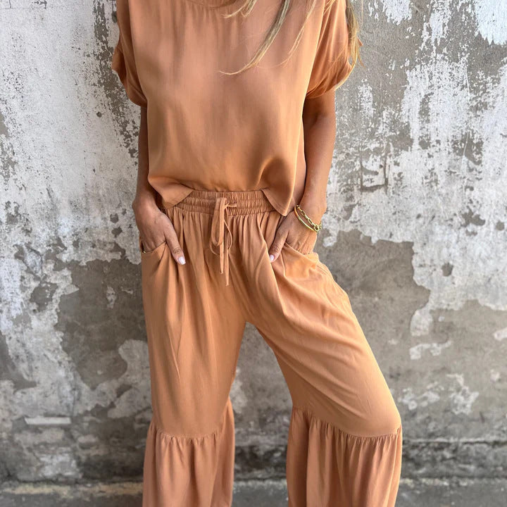 Conjunto de dos piezas para mujer – Lino y algodón – Corte holgado – Pantalón ancho – Manga corta