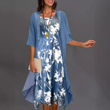 Conjunto de vestido de gasa para mujer: corte fluido, estampado floral y capas asimétricas.
