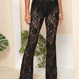 Pantalones acampanados de mujer – Encaje floral transparente – Cintura elástica – Largo hasta el tobillo