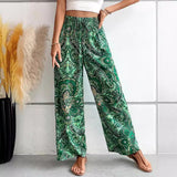 Pantalones anchos para mujer – Cintura elástica – Tejido transpirable – Corte holgado – Estampado bohemio