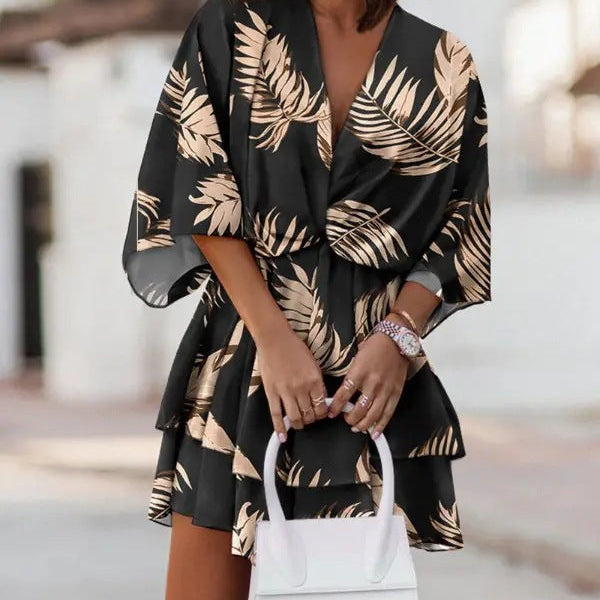 Vestido corto de mujer – Corte holgado – Cuello en V – Mangas murciélago – Estampado abstracto