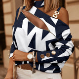 Top de mujer – Corte entallado – Cuello halter asimétrico – Estampado geométrico – Detalle de cadena