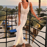 Vestido sin mangas de mujer – Punto acanalado – Corte entallado – Espalda abierta – Largo hasta el tobillo