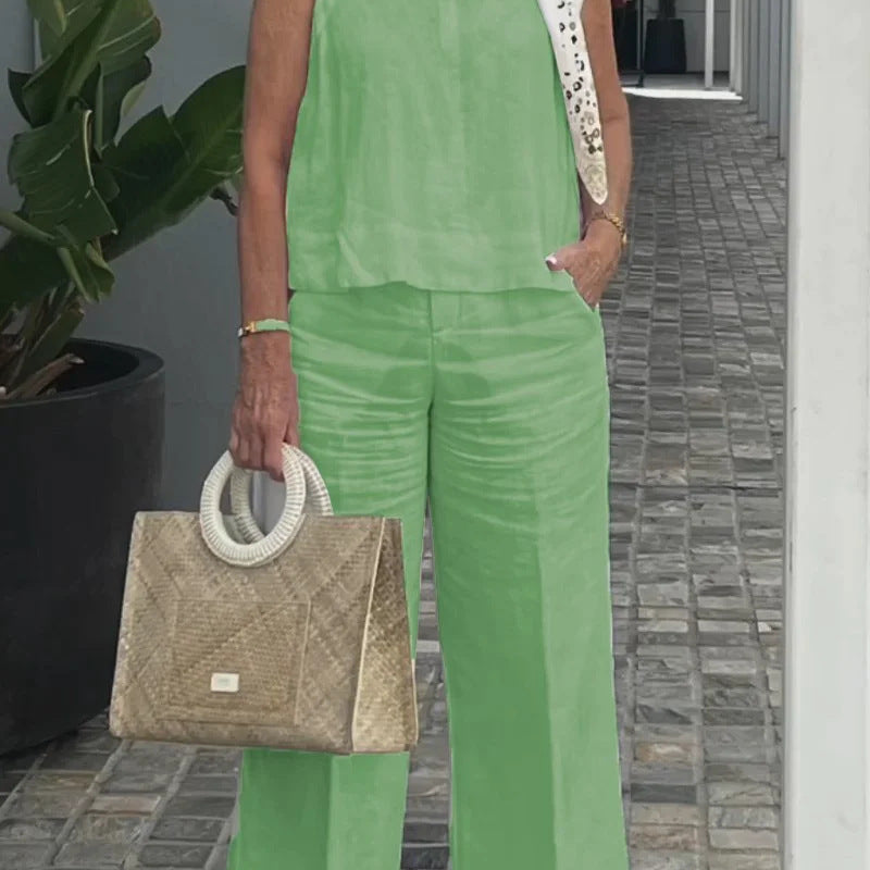 Conjunto sin mangas para mujer – Algodón y lino – Corte relajado – Pantalón ancho con bolsillos