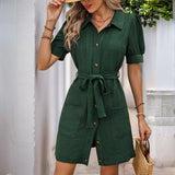 Vestido camisero para mujer – Corte entallado – Tejido transpirable – Manga corta – Cinturón ajustable