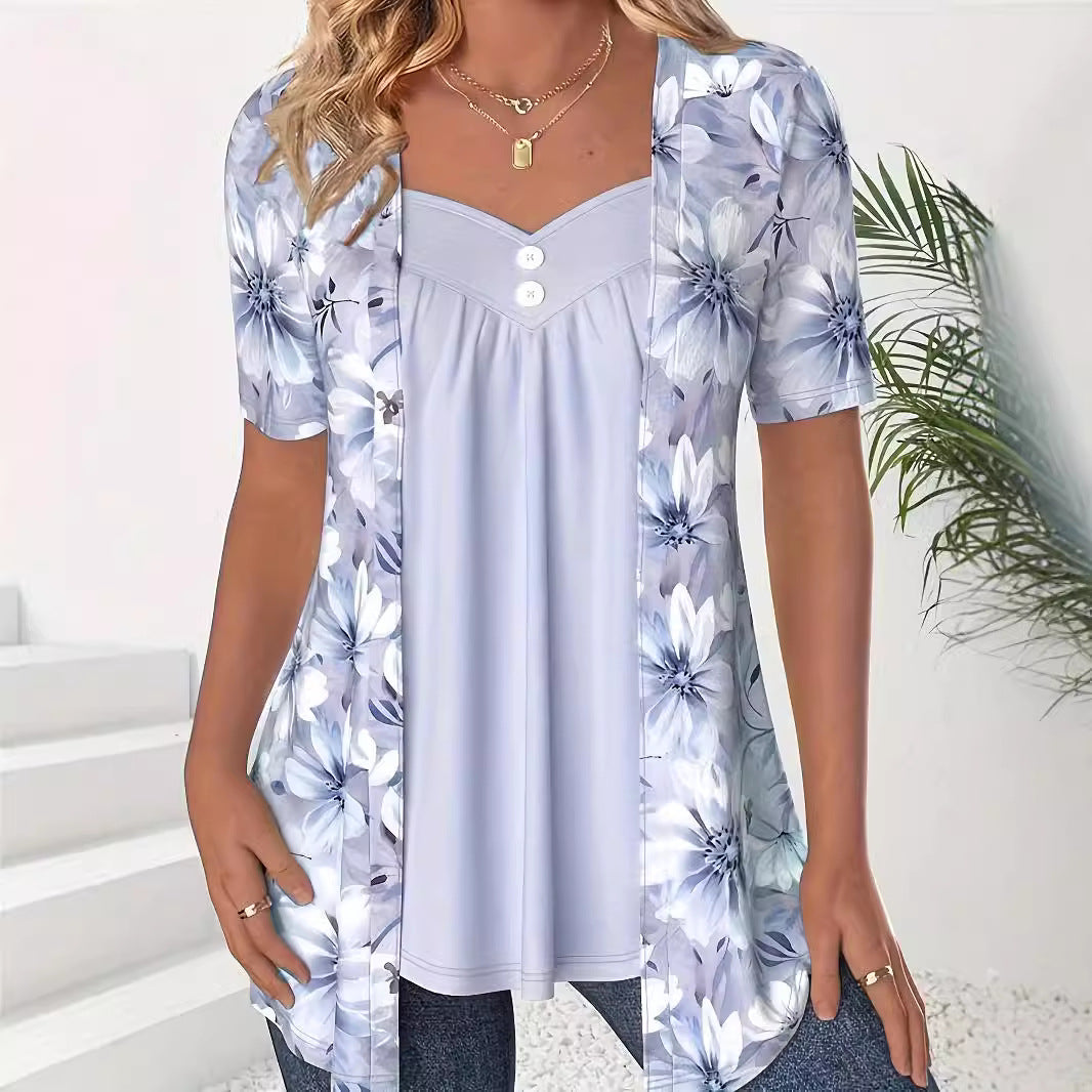 Top de manga corta para mujer – Corte holgado – Escote corazón – Estampado floral – Efecto capas