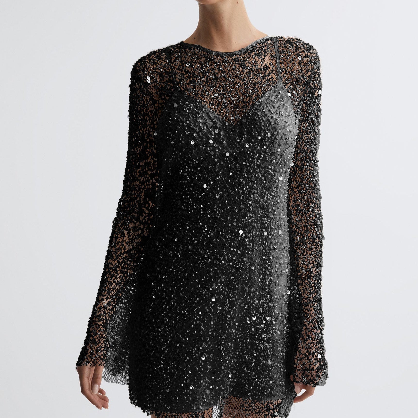 Vestido de cóctel para mujer – Corte entallado – Mangas largas – Lentejuelas – Largo mini