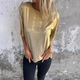 Blusa de mujer – Corte fluido – Tejido ligero y brillante – Mangas cortas – Estilo drapeado