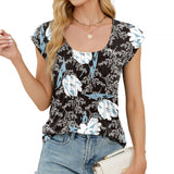 Top bohemio para mujer – Corte relajado – Textura de algodón – Cuello redondo – Mangas cortas