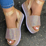 Sandalias de cuña para mujer – suela gruesa – pedrería – punta abierta – tira con hebilla