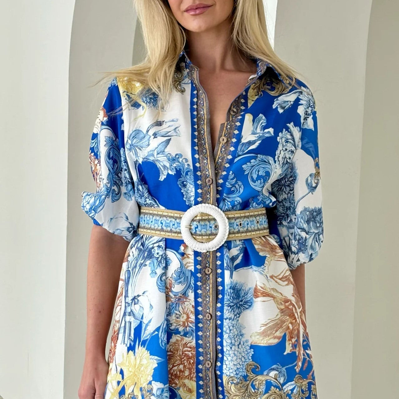 Vestido evasé para mujer – Mezcla de algodón – Mangas abullonadas – Cuello en V – Cintura con cinturón