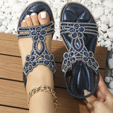 Sandalias planas de mujer – Punta abierta – Flores de pedrería – Tiras elásticas caladas